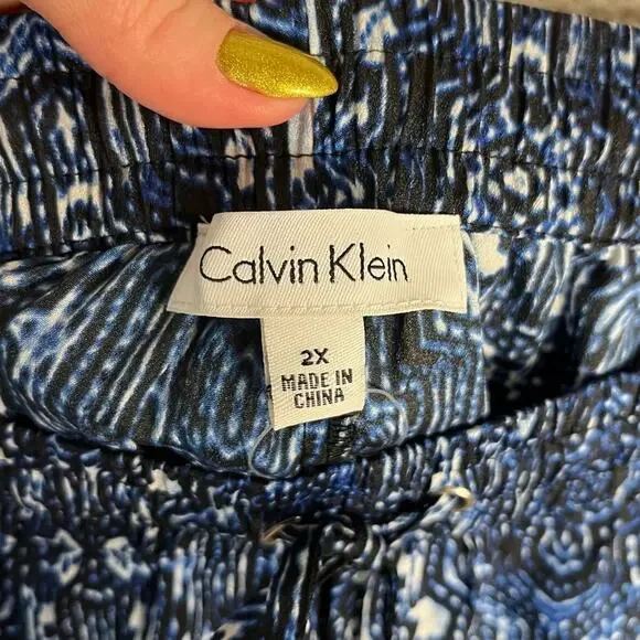 NWT CALVIN KLEIN | Blue Geometric Print Drawstring Satin Straight Leg Pants - Picture 5 of 8